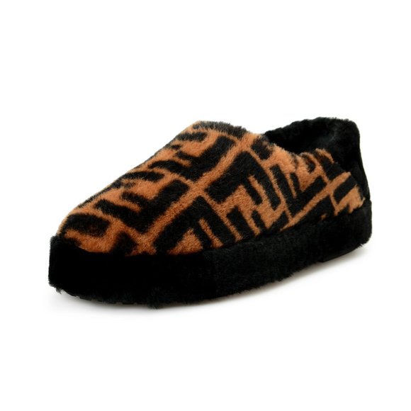 Fendi Men\'s Logo Print Real Fur Shearling & Leather Slip On Loafers Shoes main image 6